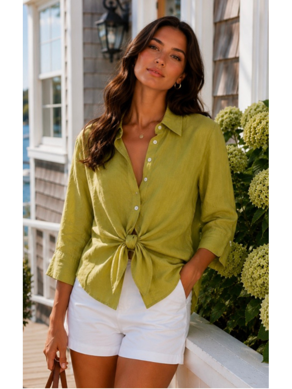 New FARINAZ TAGHAVI Lime Green Linen Button Down Shirt Size 14